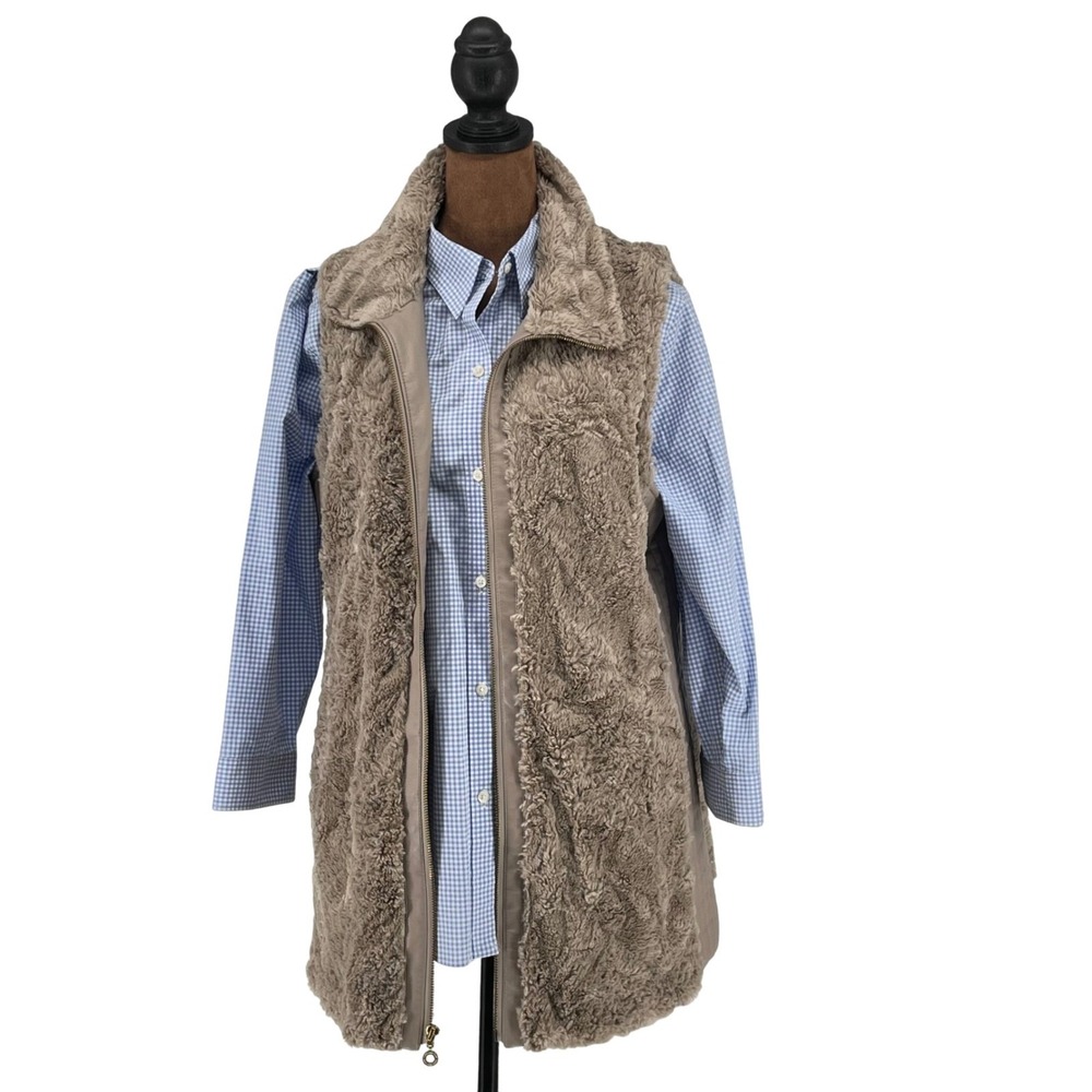 Marc New York Faux Fur Long Vest Quilted Trim‎ Neutral Tan Gold Tone Zipper Flaw